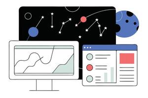 Stylish Data Analysis on Computer Screens with Starry Sky Element Isolated vector