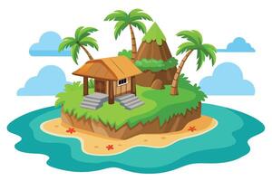 Island Hut with Palms Cartoon Style Tropical Landscape Isolated vector