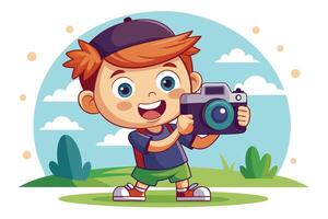 Cartoon Boy with Cap Holds Camera Outdoors on Green Field and Light Blue Sky vector