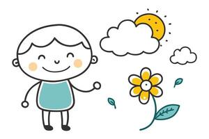 Childish Drawing Happy Boy, Clouds, Sun, and Flower on a White Background vector