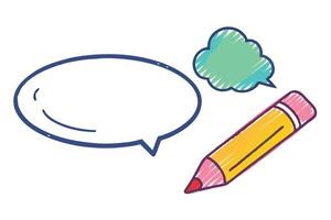 Colorful Sketch of Speech Bubble, Thought Cloud, and Yellow Pencil on White Background vector