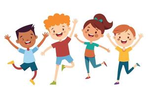 Cheerful Cartoon Multiethnic Kids Jumping With Joy On A White Background Flat Design vector