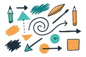 HandDrawn Pencils, Arrows, Shapes and Swirls on White Background, Design Elements vector