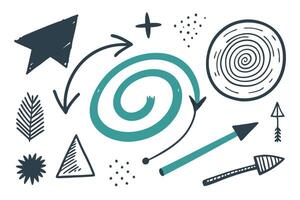 Handdrawn Arrows, Spiral, Circle, Triangle and Dots in Dark Teal and Teal on White vector