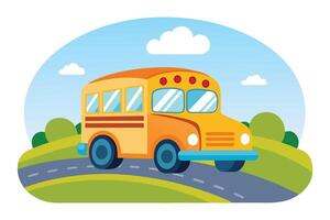 Cheerful Cartoon School Bus Driving on Road with Sky and Landscape Background vector