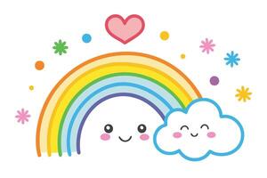 Kawaii Rainbow with Smiling Cloud and Heart on White Background Cute Flat Design vector