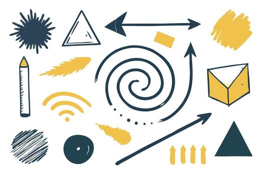 Hand Drawn Shapes, Arrows, and Objects in Yellow and Navy on a White Background vector