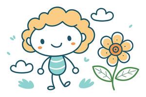 Child Character with Curly Hair, Striped Top, Flower and Clouds on White Background vector