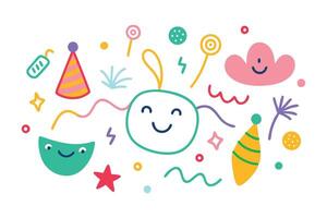Cheerful Cartoon Party Elements, Smiling Faces, Hat, Confetti on White Background vector