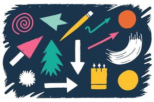 Artistic Colorful Shapes Arrows, Circles, Tree, Pencil on Dark Blue Background vector