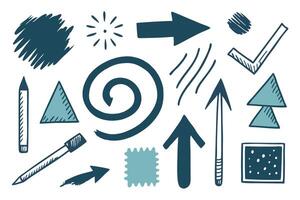 Doodle Art Assorted Sketchy Icons, Shapes, Arrows and Tick on White Background vector
