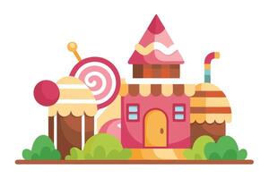 Whimsical Candy House with Lollipop, Cupcake and Tree Design vector
