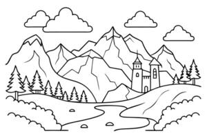 Line Art Mountain Scenery with Trees, River, Castle and Clouds vector