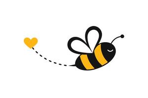 Cute Flying Bee with Heart, Cartoon Style, Black and Yellow, on White Background vector
