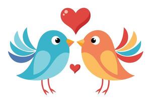 Whimsical Birds with Red Heart, Cartoon Cute Couple with Colorful Feathers, White Background vector