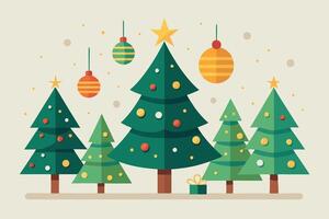 Stylized Green Christmas Trees and Ornaments Flat Design on a Beige Background vector