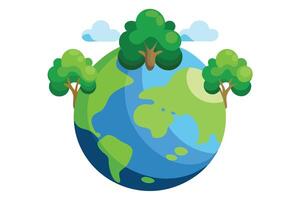 Cartoon Earth with Trees and Clouds in Green and Blue on White vector