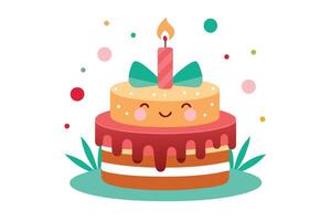 Cute Layered Cartoon Cake with Candle, Colorful Sprinkles, and Smiling Face on White vector