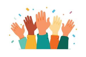 Raised Hands of Diverse People with Colorful Confetti on White Background vector