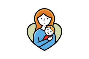 Redhead Mother Holding a Child with Heart Outline in Flat Art Style vector
