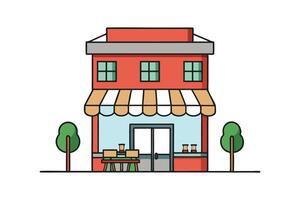 Colorful Two Story Building with Awnings, Windows, Trees, and Outdoor Seating vector