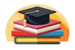 Graduation Cap on Stack of Books Isolated Overlays on Orange and White Gradient vector