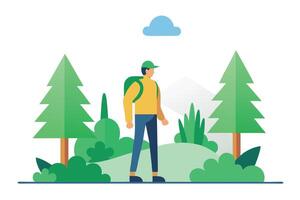 of Person with Backpack in Forest Landscape with White Background vector