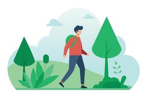 Man Walks with Backpack in a Flat Green Forest Landscape Design vector