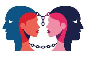 Two Stylish Head Silhouettes Profile with Colorful Faces Linked by Chain vector