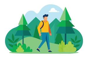 Man Walking in Forest with Backpack Cartoon vector