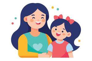 Joyful Mom and Daughter Hugging, Flat Design, Teal and Yellow, White Background vector