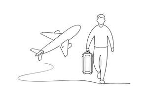 Outline Man with Suitcase Beside Airplane on White Backdrop Line Drawing vector