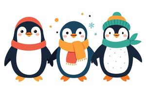 Cheerful Cartoon Penguins with Scarves and Hats on a White Background Art vector