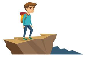 Depressed Tourist with Backpack Standing on a Cliff Edge Illustration vector
