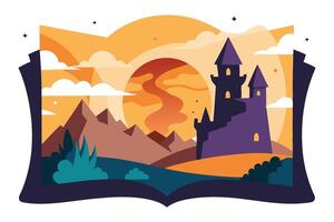 Flat Landscape with Purple Castle, Mountains, Hills, Clouds, and Open Book vector