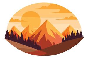 Sunset over Mountain Peaks with Coniferous Forest in Circle Flat Design vector