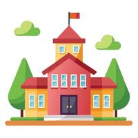 Flat Design Cartoon Style Building Facade with Flag on White Background vector