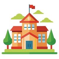 Facade of Orange Building with Red Roof and Flag with Green Scenery on White vector