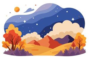 Autumnal Landscape with Hills and Sky, Celestial Elements, FallColored Trees vector