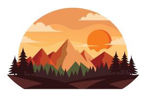 Flat Landscape with Mountains, Sunset, Evergreen Trees, and Cloudy Skies vector