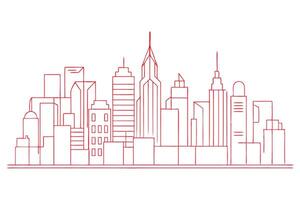 Linear Red Skyline Outline with Skyscrapers on a White Background Cityscape Design vector
