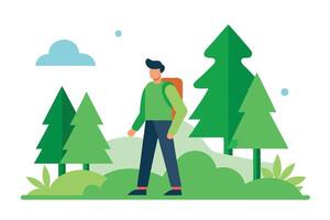 Modern Flat of Man Hiking in Forest with Backpack, Trees vector