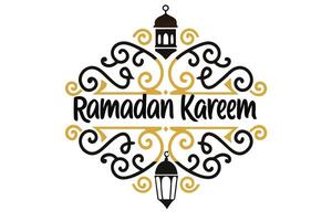 Ramadan Kareem Text with Swirls and Lanterns Art on White Background vector