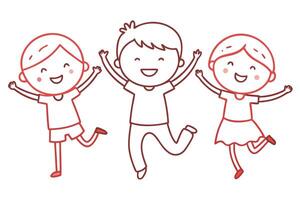 Outlined Cheerful Kids Jumping with Joy on White Backdrop, Cartoon Style, Fun Design vector