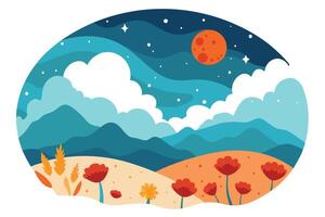 Stylized Landscape with Red Moon Clouds Stars and Poppies Flat Design vector