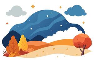 Scenic Night Landscape with Starry Sky Clouds and Autumn Trees vector