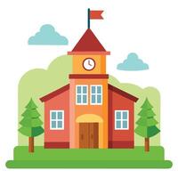 Flat Cartoon Building With Clock Tower, Flag, Trees and Blue Clouds vector