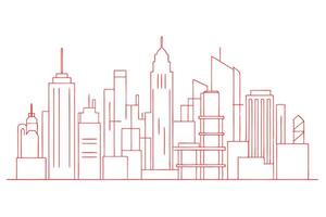 Red Outline Skyline, Cityscape with Various Skyscrapers on White Background vector