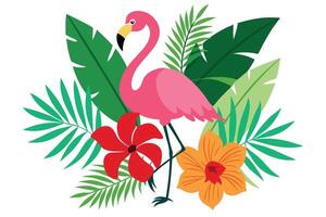Pink Flamingo with Green Tropical Leaves and Colorful Flowers on White Background vector