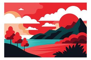 Stylized Landscape with Red Sky, Mountains, Trees, Clouds and Turquoise Water vector